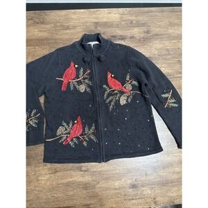 Tiara International Christmas 2004 Black Red Cardinal Full Zip Sweater Sz Large